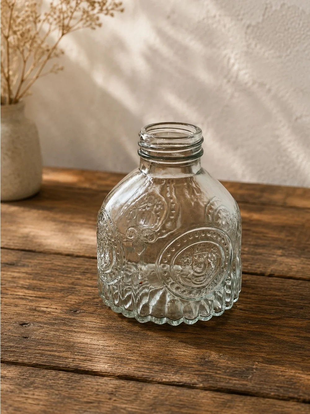 Vintage 1980s Clear Glass Decorative Bottles Set of 3 Embossed Bud Vases